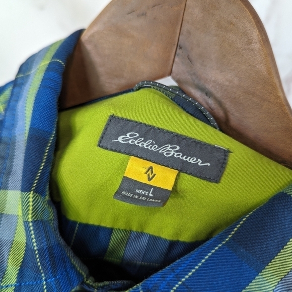 Eddie Bauer Shirt Mens Large Blue Green Plaid Button Up Travex Shacket Jacket - Picture 3 of 12